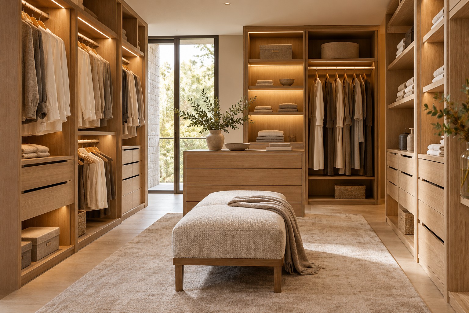 Concepto de vestidor con estantes iluminados y guardado en madera